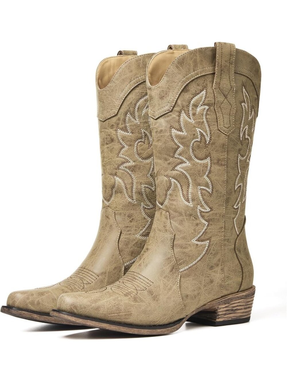 Women's Sand Embroidered Pull On Casual Block Heel Pointed Toe Cowgirl Boots